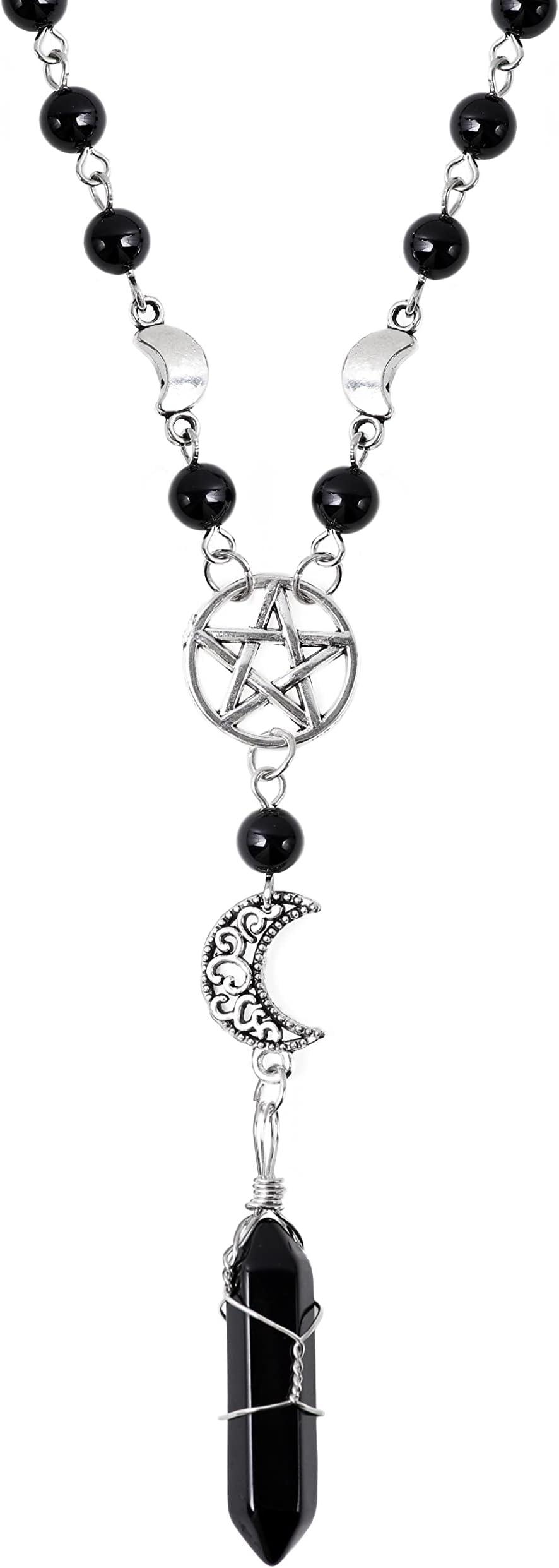 Gothic Emo Grunge Beaded Crystal Crescent Moon Pentagram Necklace, Gothic Goth Necklace, Halloween Christmas Jewelry Gift for Women