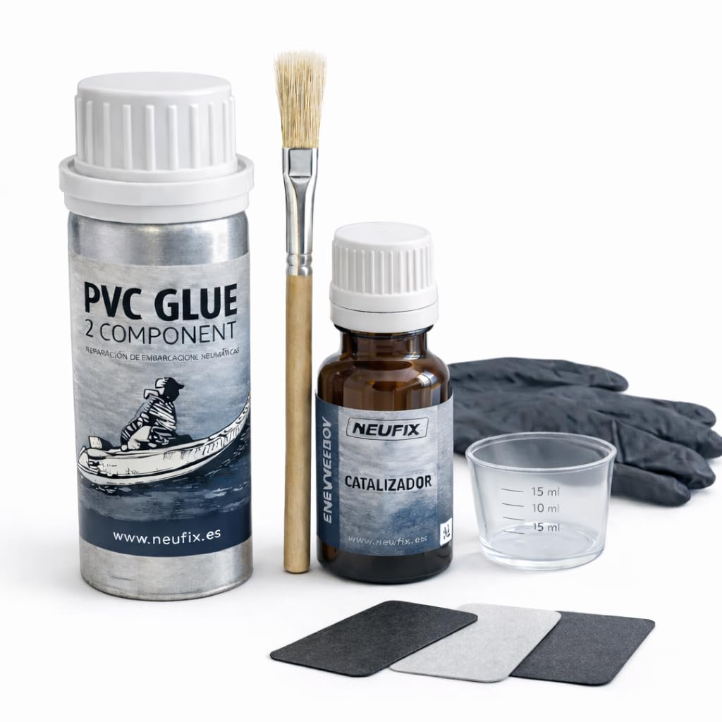 Kit Reparación PVC Profesional – Pegamento PVC 2 Componentes para Zodiac, Paddle Surf, Kayak y Hinchables – Incluye Parches, Pincel, Vaso, Guantes y Toallita (125 ml)