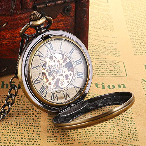 Image of ManChDa Pocket Watch Retro Smooth Classic Mechanical Hand-Wind Pocket Watch Steampunk Roman Numerals Fob Watch for Men Women with Chain + Box
