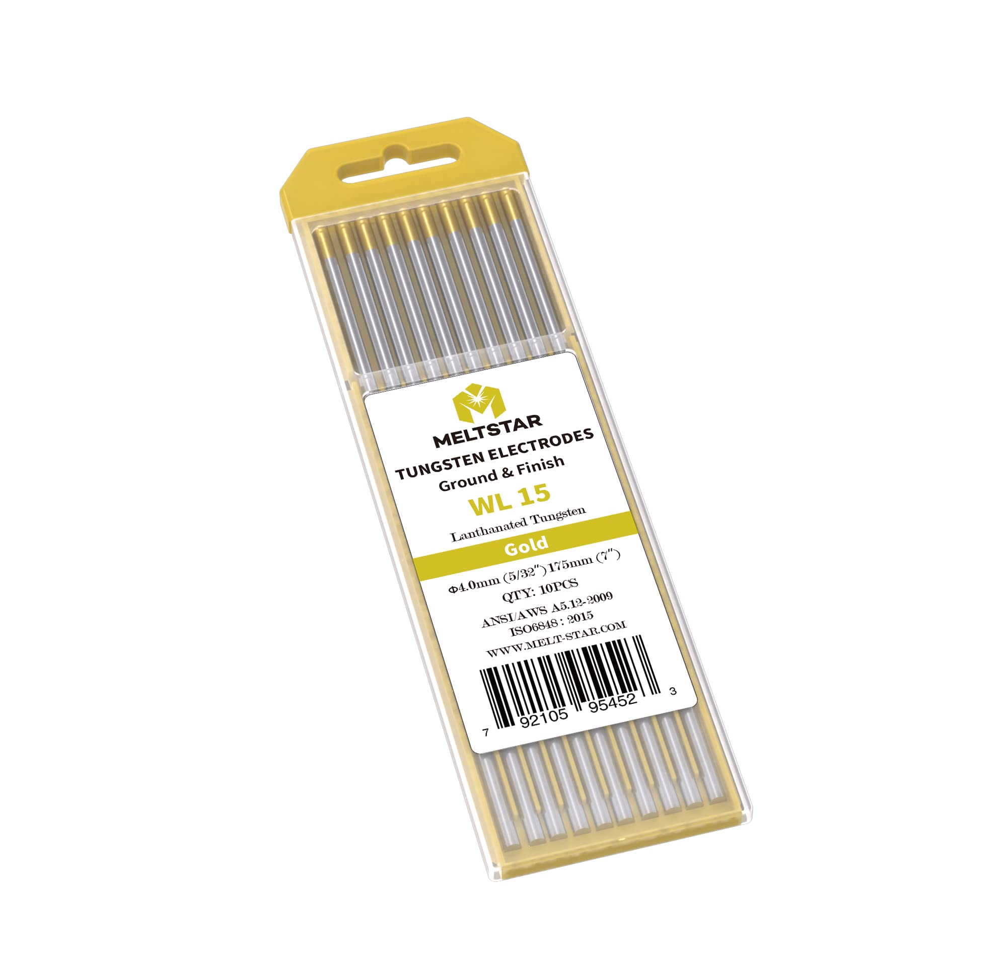 TIG Welding Tungsten Electrodes 1.5% Lanthanated Tungsten 5/32” x 7” (Gold, WL15) 10-Pack