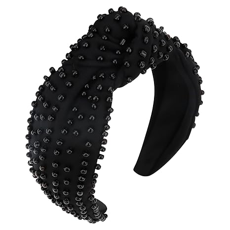 YISSION 1PC Pearl Knotted Headband for Women Non Slip Beaded Headband Wide Pearl Headbands for women Jeweled Embellished Hairband Black Head Band Hair Accessories for Women Girls