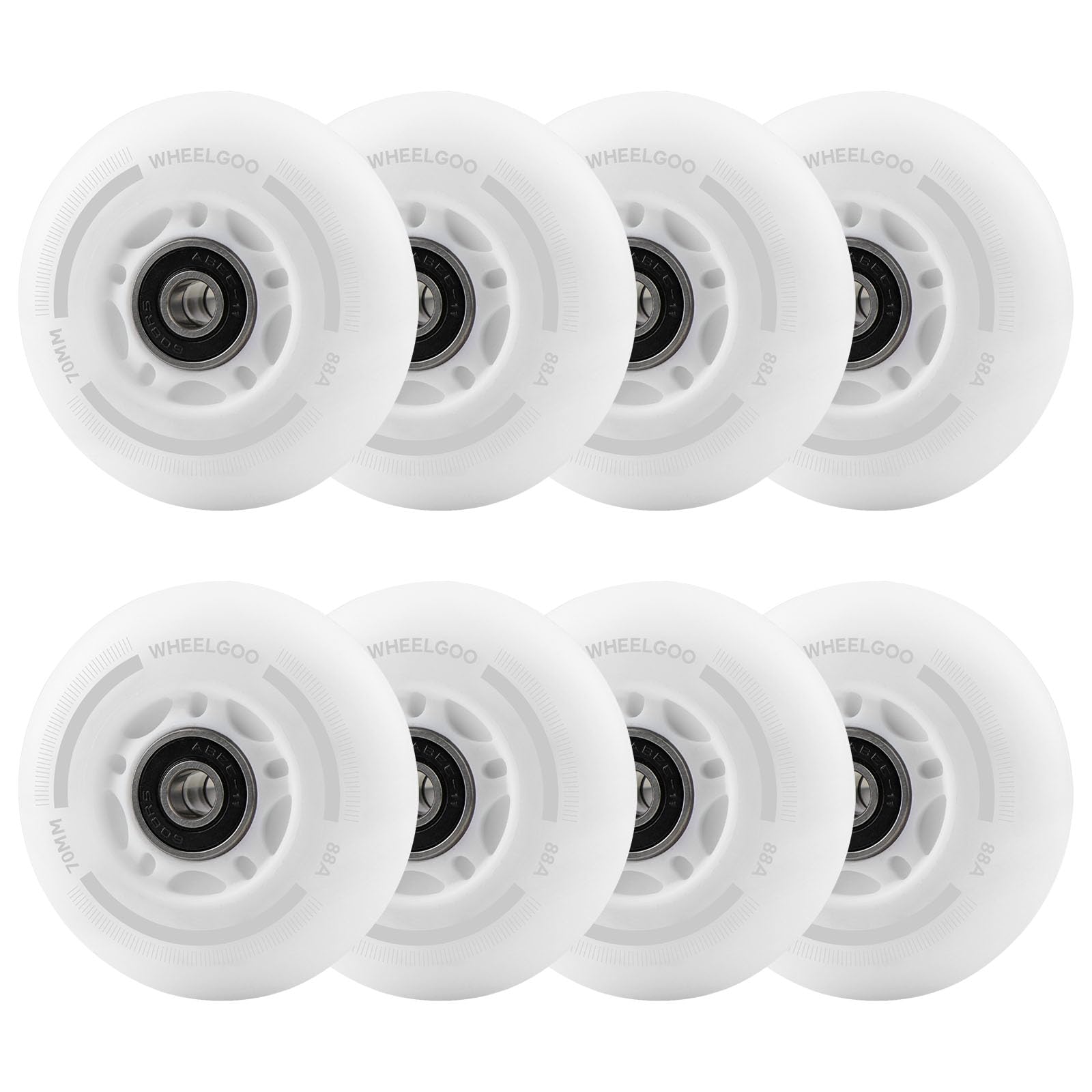 WHEELGOO 8-Pack LED Light Up Inline Skate Wheels for Kids & Teens, No Battery, PU Wheels with 608RS Bearings, Evening & Night Skating (White, 70mm)