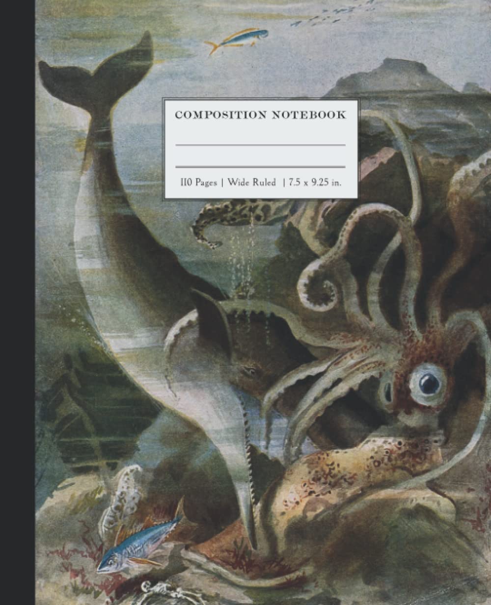 Composition Notebook Wide Ruled: Whale and Giant Squid Vintage Illustration | Aesthetic Wide-Ruled Lined Paper Journal for Kids, Teens, Students and Adults