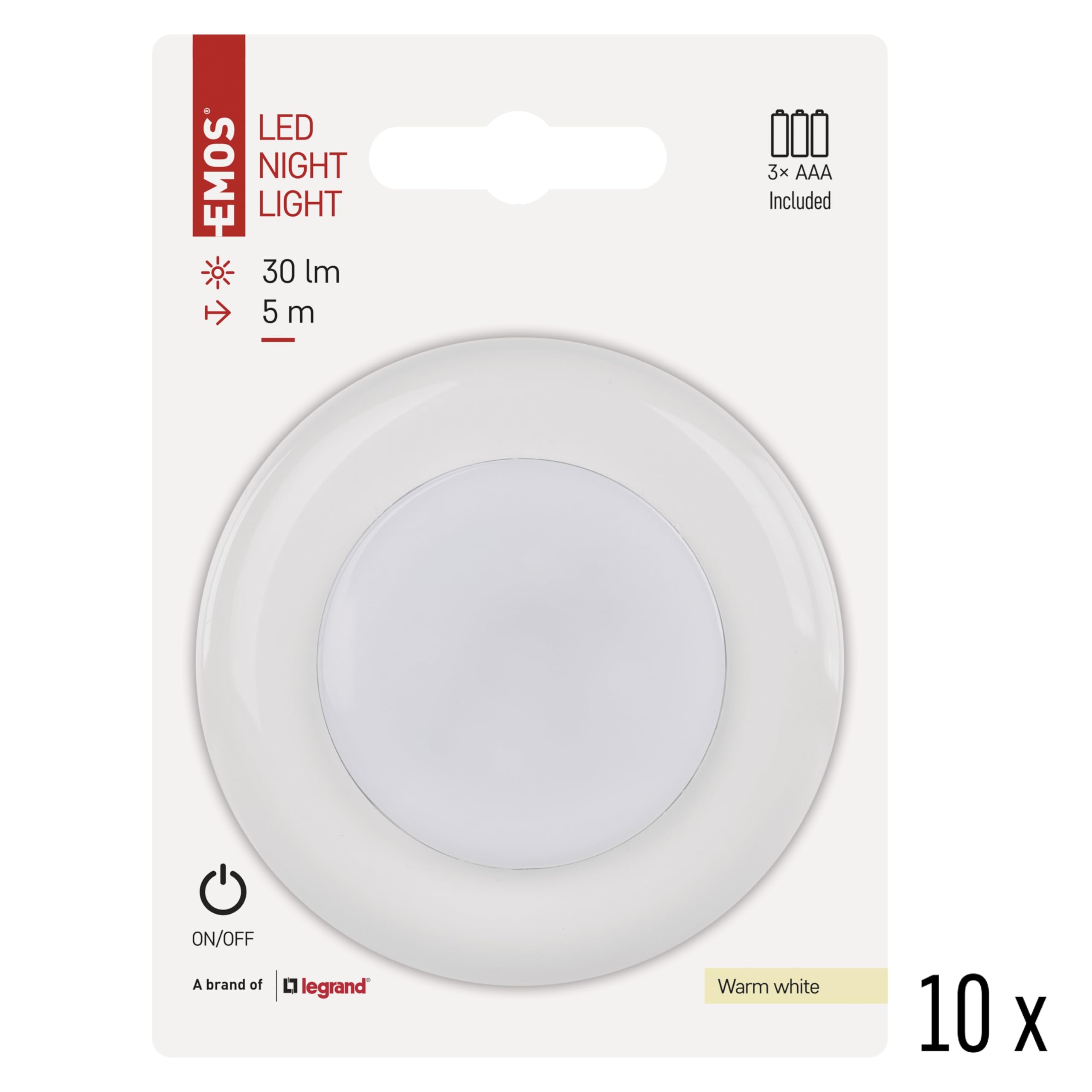 EMOS - Lampka nocna LED 10 sztuk z podkładkami samoprzylepnymi – 10 x światło orientacyjne zasilane bateriami (w zestawie 3 x AAA) – lampka dociskowa dla dzieci i seniorów do naklejenia – jasność 30