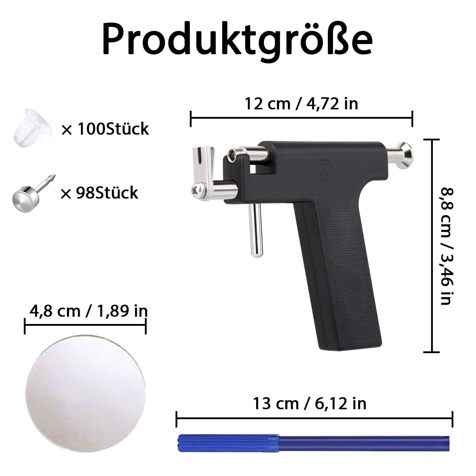 Kit de Pistola para Perforación de Orejas Profesional, 98 Pendientes, Negro