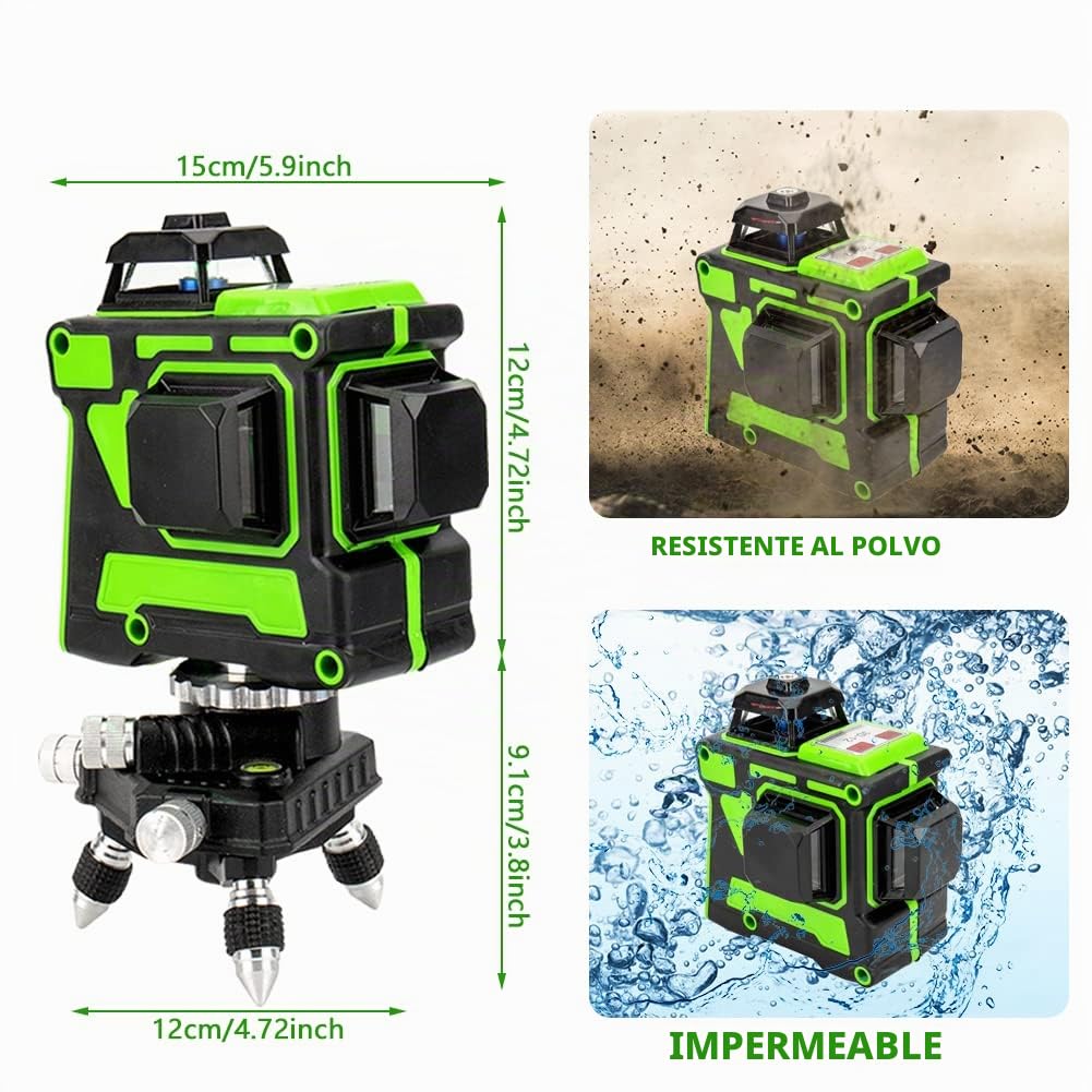 Nivel Laser Autonivelante Nivel Laser 360° Laser Verde 3D Nivelador Láser 2 Batería Recargable Horizontales Verticales Laser Potente Herramienta De Nivelación (12 líneas)