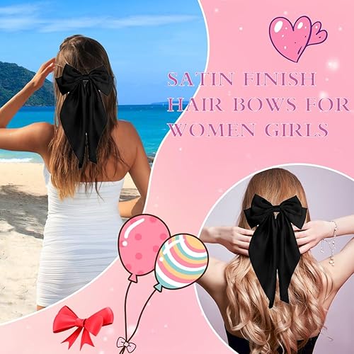 Miniatura 4 de Pufandor - Lazo para el cabello de satén sedoso para mujer, lazos blancos para niñas, pasadores de lazo, cola larga con clips, lazos grandes para el