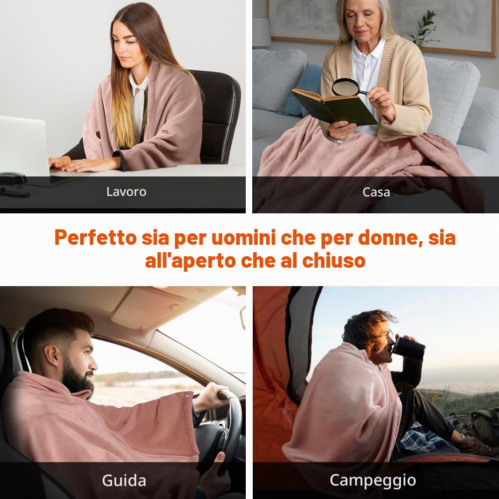 Coperta Riscaldante Elettrica Senza Fili 160x90 cm, con Batteria 10000 mAh, 6 Zone di Riscaldamento, 3 Livelli di Temperatura, Plaid Termico USB per Casa, Ufficio, Auto, Campeggio(Rosa)