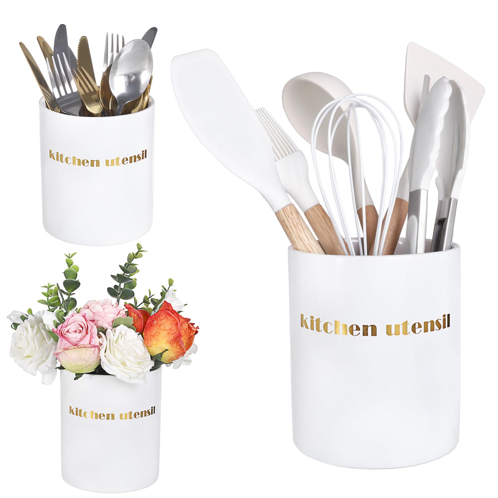JUXYES Ceramic Kitchen Utensil Holder for Countertop, White Cooking Utensil Crocks Decorative Kitchenware Caddy Organizer, Modern Kitchen Utensil Holder Organizer for Wedding Kitchen Dining Tables