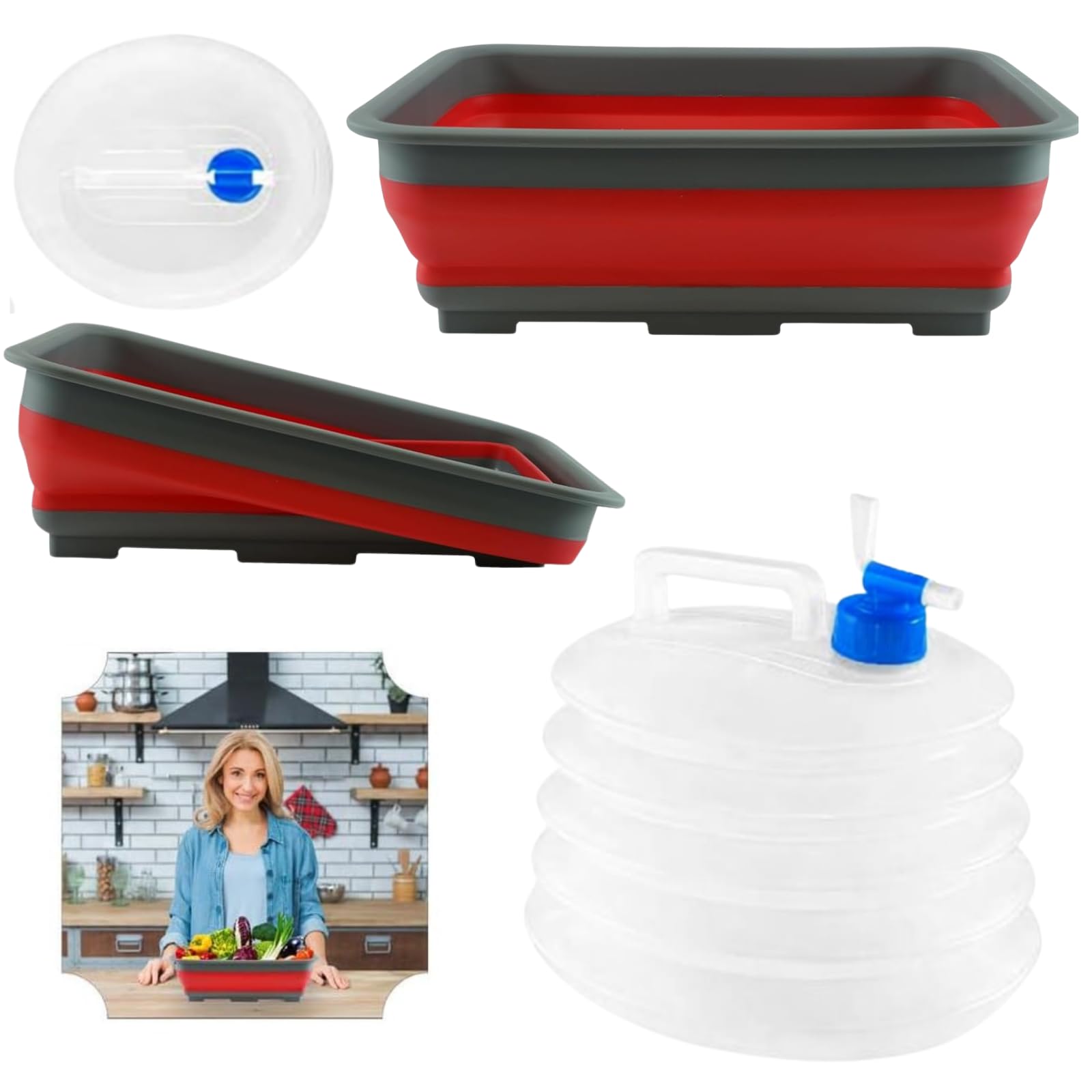 Srvertex Red & Clear Foldable Set 2Pcs Collapsible Washing Up Bowl And 5L Water Carrier Set, Foldable 10L Basin, Bpa Free Portable Water Container With Tap, Camping Kitchen Travel Outdoor Storage Utility Set
