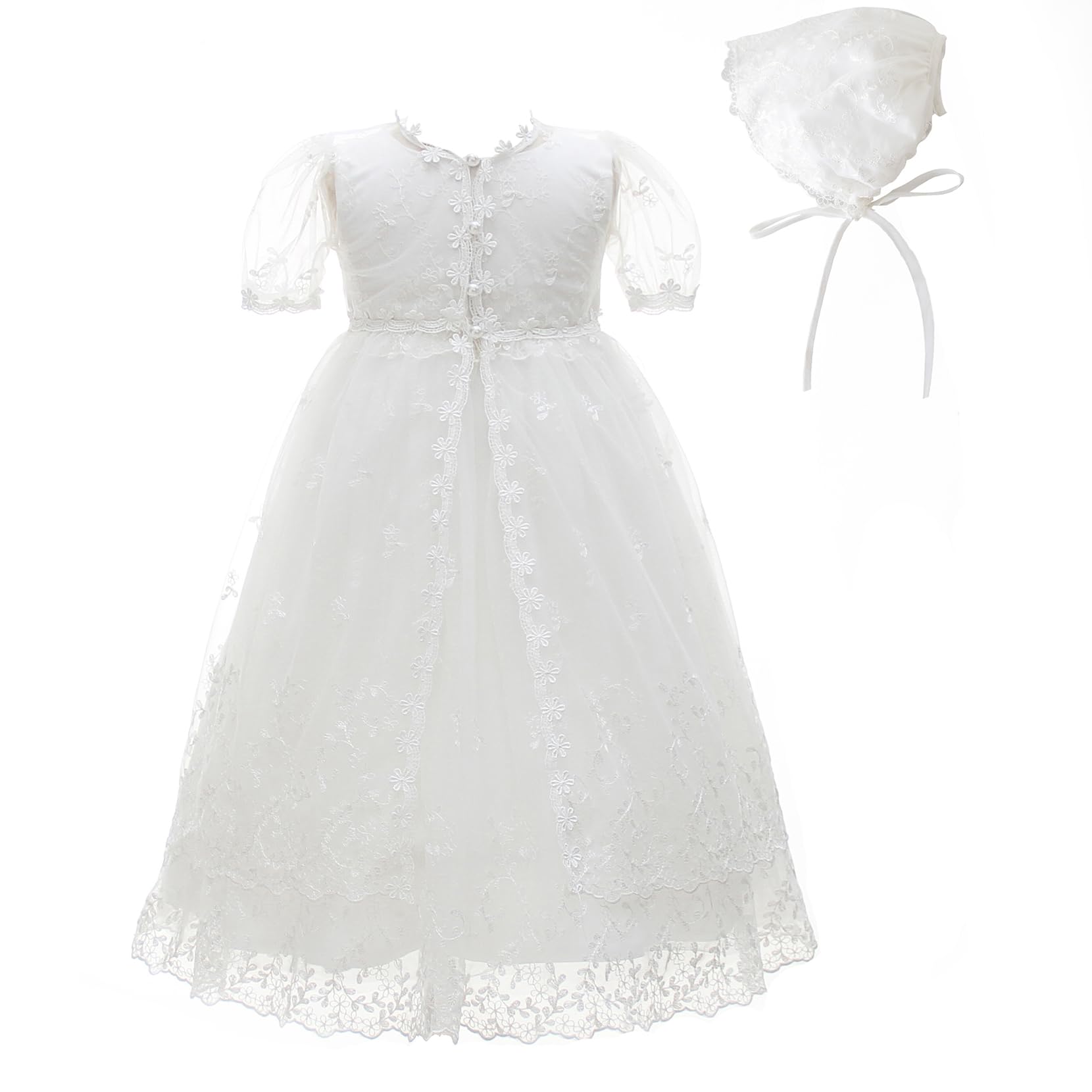 perfect petal Baby Girls Baptism Christening Dress 3Pcs Infant Toddler Floral Embroidered Lace Gown(24M,Ivory)