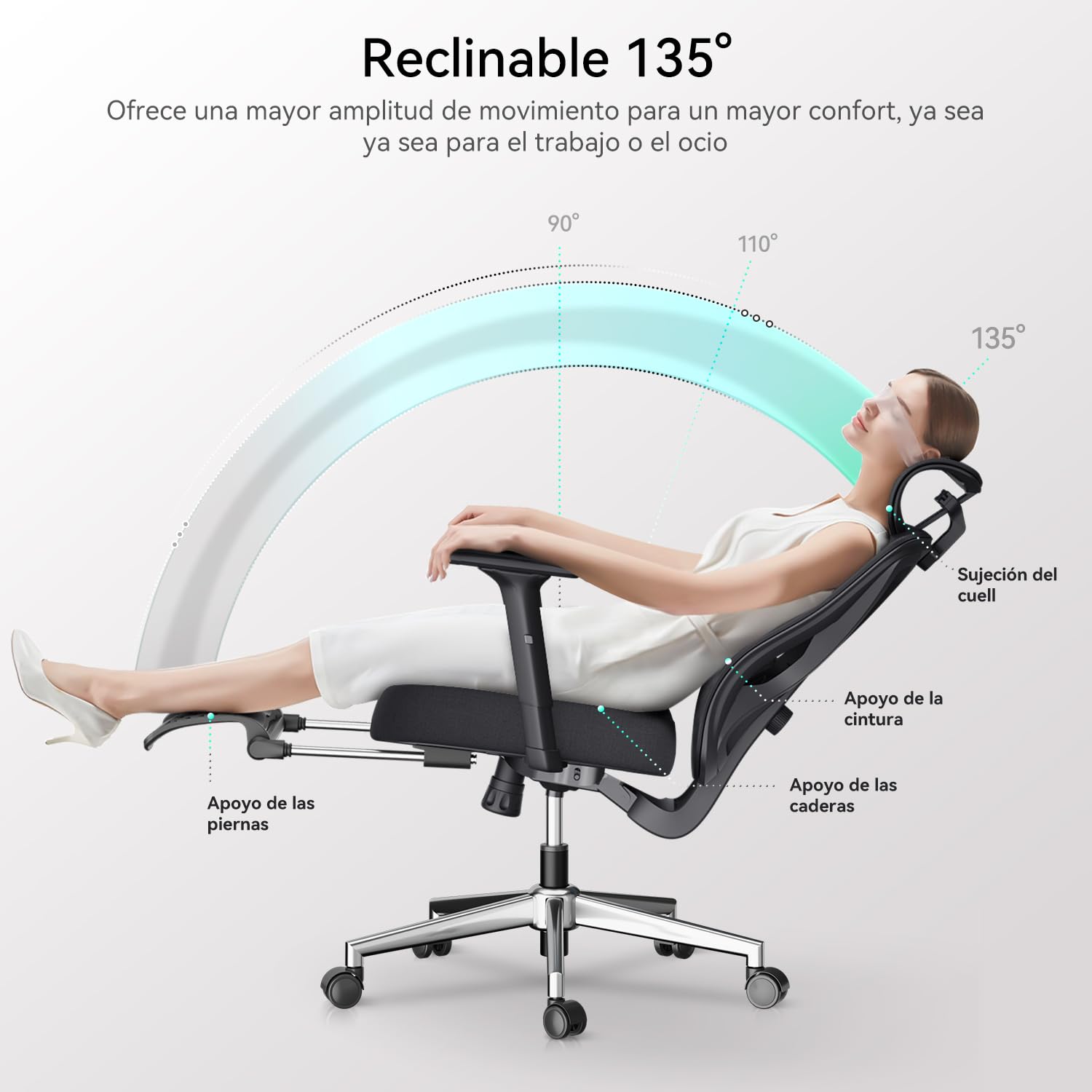 Hbada P5 Silla de Oficina ergonómica con Soporte Lumbar Ajustable, cojín elástico Transpirable, reposabrazos Ajustables y reposacabezas, Reposapiés Integrado, Negro (Aluminium, Negro)