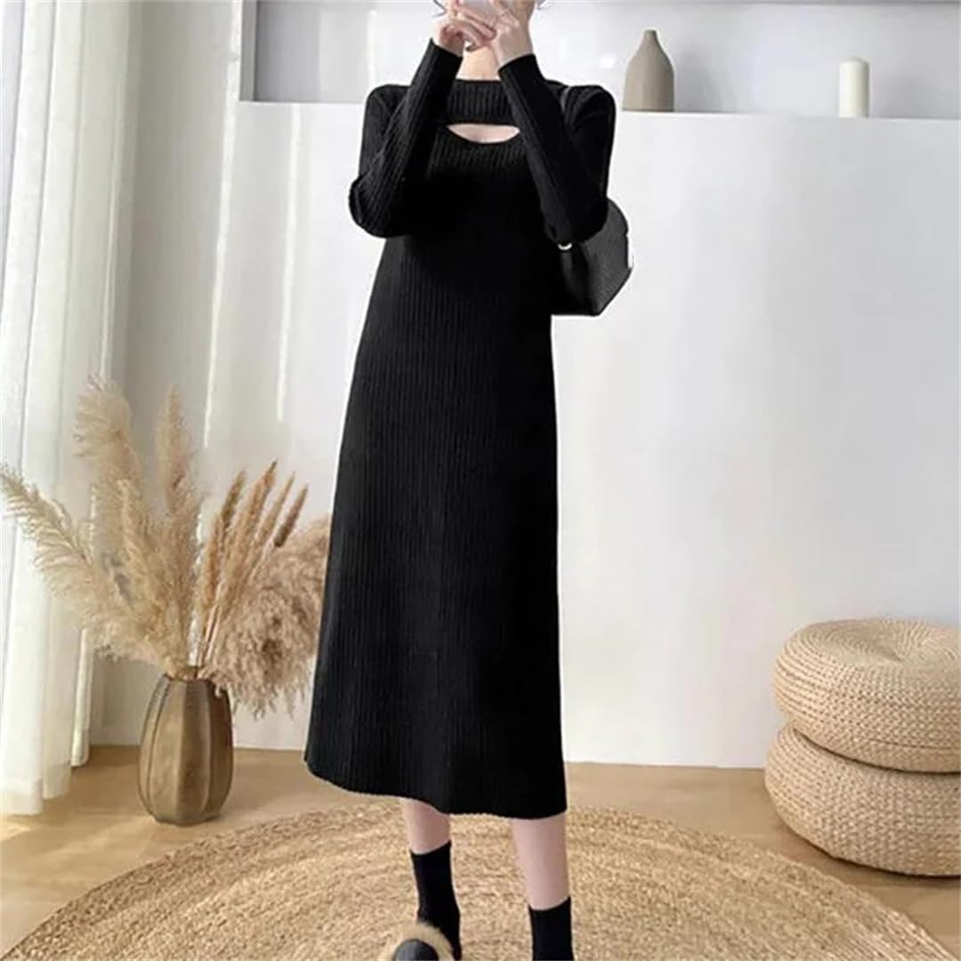 Abito da donna lavorato a maglia autunno inverno tinta unita patchwork O-collo manica lunga Hollow dritto abiti