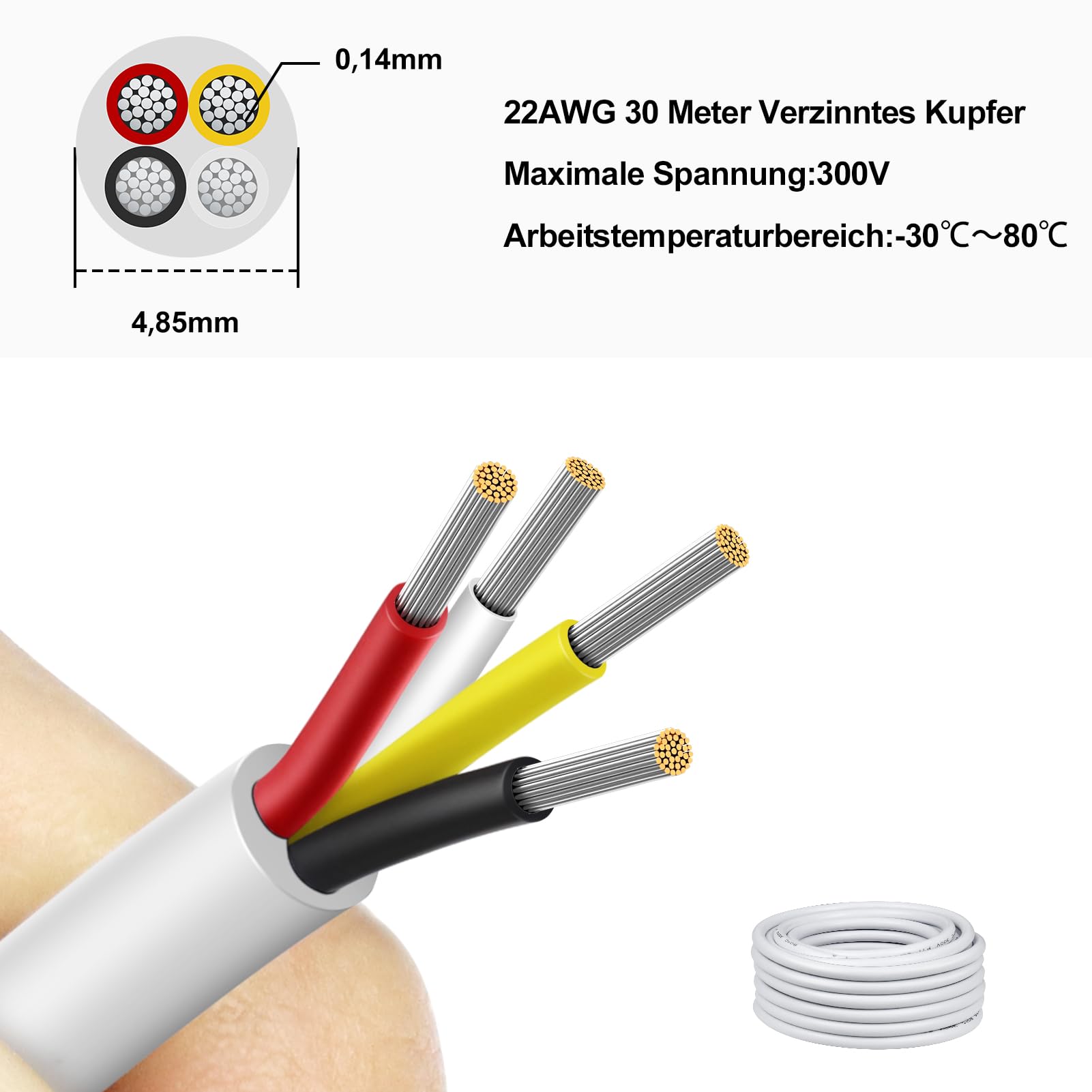 Cable Eléctrico 22 AWG 4x0,3mm² de 30 Metros, Blanco Cable Flexible de 4 Hilos de Cobre Estañado para 5V/12V/24V Blanco, Resistente a Altas Temperaturas, para LED, Automoción y Electrónica