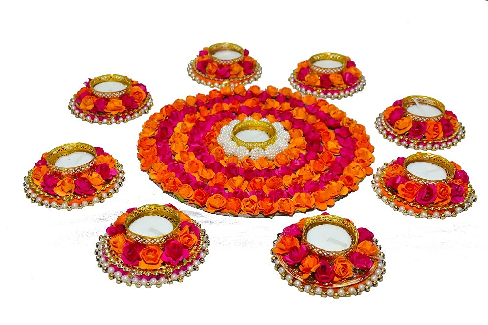 Urban Turtle® Beautiful Flower Diya Rangoli Mat for Diwali Decoration | Home Decor Items | Festive Season (Orange)