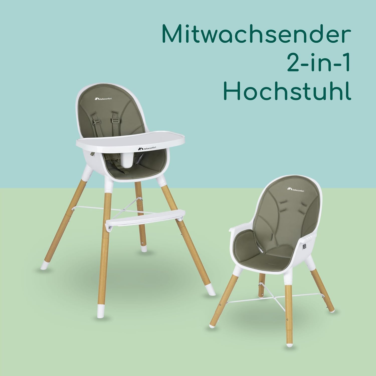 Bebeconfort Avista Babyhochstuhl, mit Polsterung und Tablett, ab 6 Monaten, Tragkraft 30 kg, Mineral Green