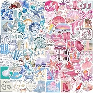 100 calcomanías estéticas de océano azul y rosa para niñas, adolescentes, adultos, estudiantes, lindas calcomanías de vinilo impermeables de verano para el océano, playa, equipaje, portátil, botella