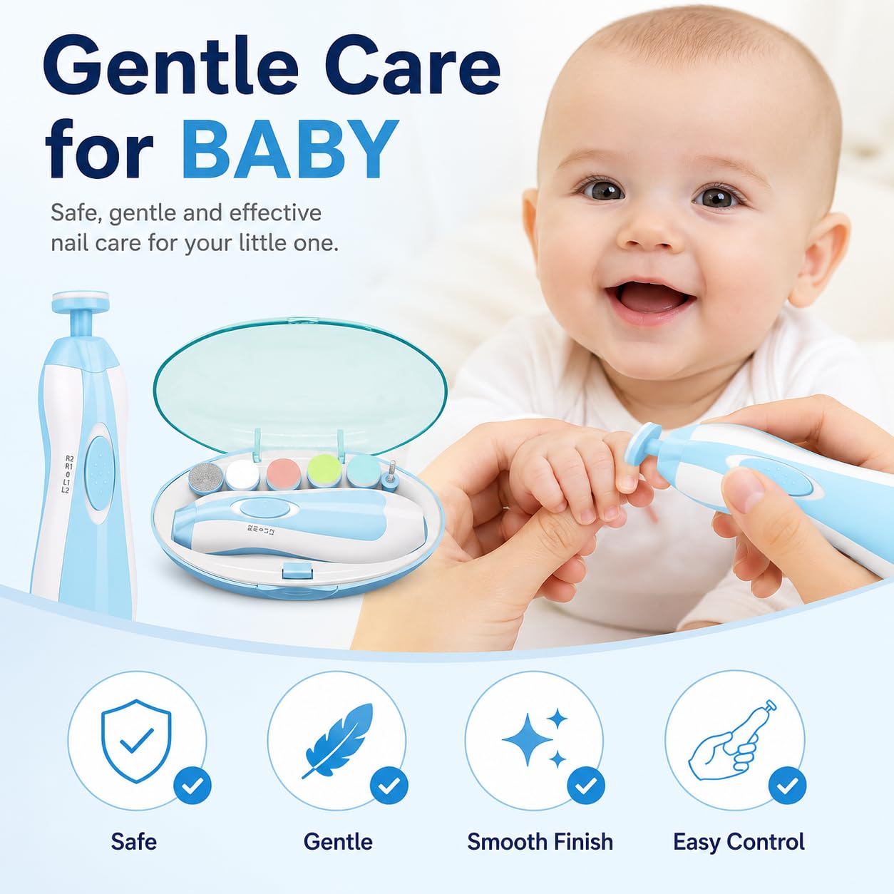 MELVIS Electric Baby Nail Trimmer with LED Light | Gentle Nail Cutter & Filer for Newborn 0β6 Months | Adjustable Speed, Multiple Heads, Quiet Baby Grooming Kit 4