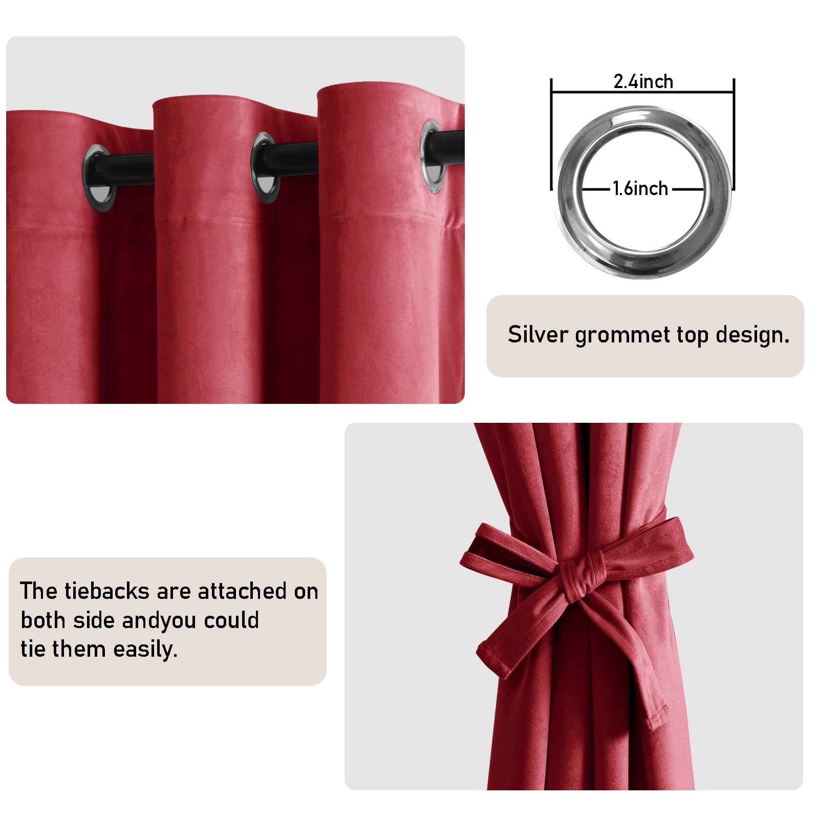 JIUZHEN Tende in velluto rosso, 244 cm, in morbido velluto oscurante, con occhielli, isolate termicamente, riduzione del rumore, per feste/matrimoni, 132 x 244 cm, set di 2 pannelli, rosso vino