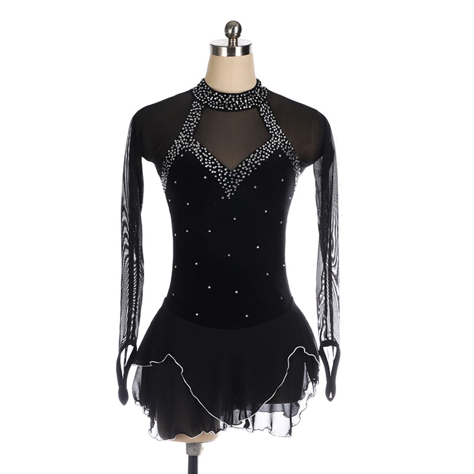 Kids Girls Figure Ice Skating Dress, Women Velvet Long Sleeves Sparkly Rhinestone with Fingertip Sleeves Open Back Bodysuit Ballet Dance Gymnastic Leotard,Black,L
