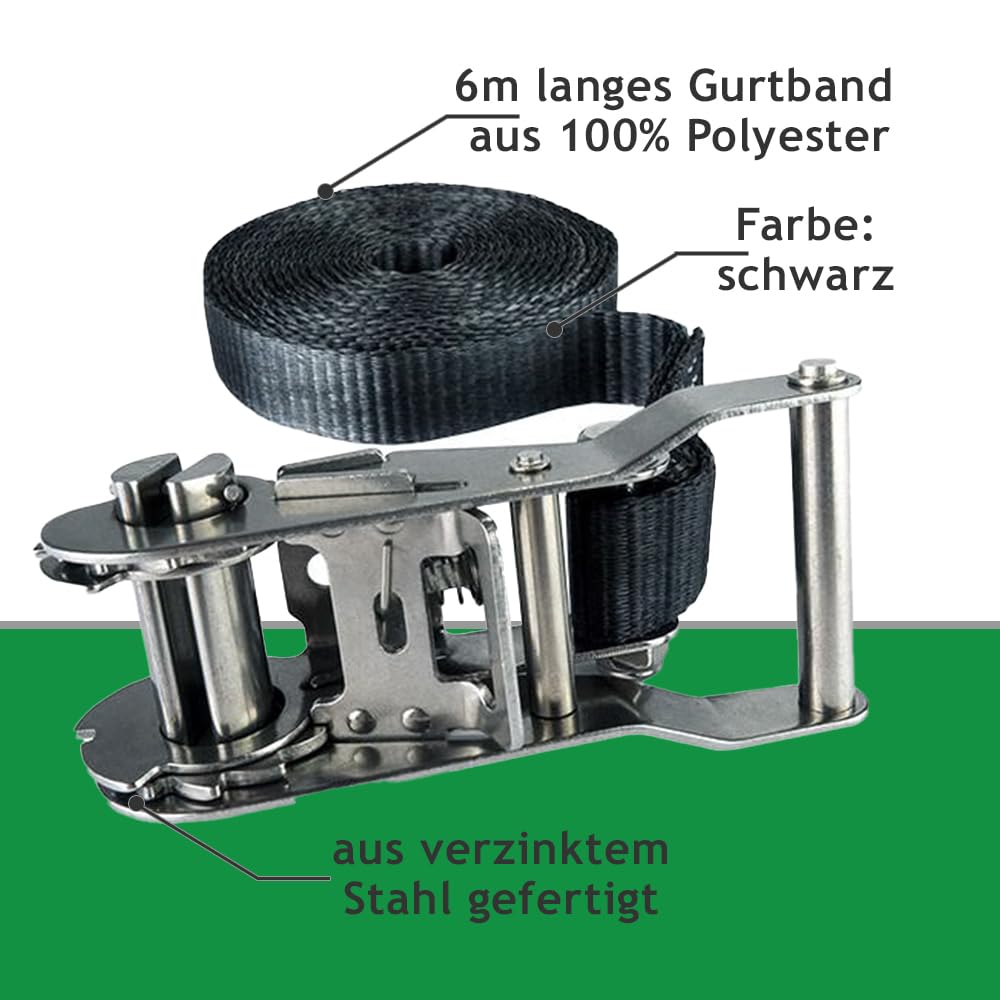 Spanngurte-Set, 6 m mit Ratsche, schwarz (4 Zurrgurte) | Verzinkter Stahl, 1.500 daN Zurrgurt, einteilig, DIN EN 12195-2