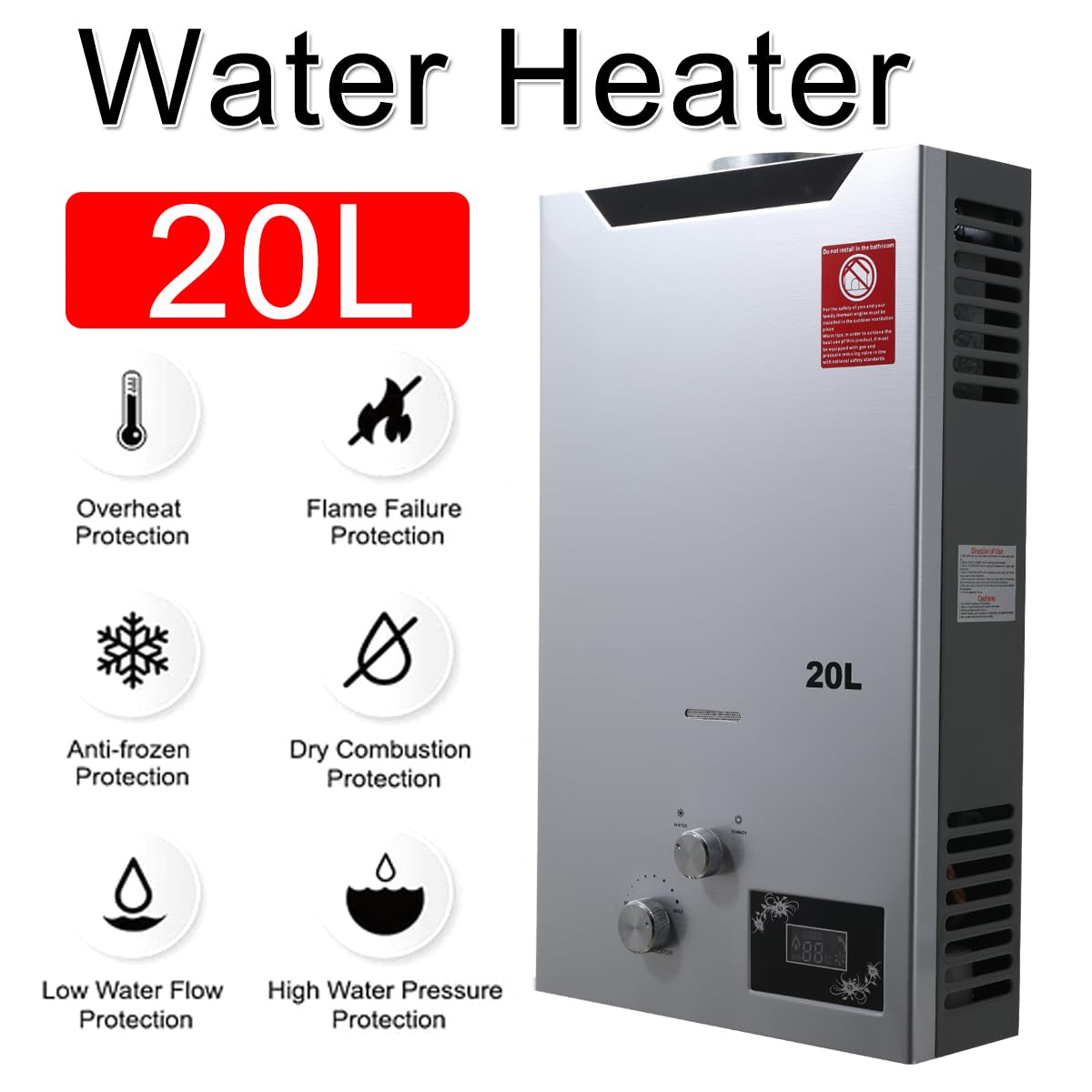 Scaldabagno a Gas GPL 20L, Scaldabagno Istantaneo a Propano, 40KW a Parete senza Serbatoio Scaldacqua Istantaneo Senza Serbatoio con Kit Doccia, Funziona a Bassa Pressione dellAcqua
