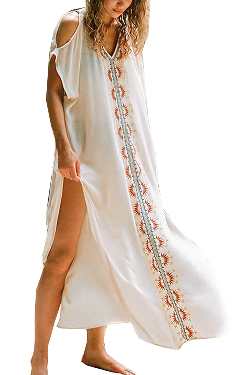 LikeJump Mujer Bohemia Floral Bordado Vestido de Playa Maxi Kaftan Kimono Pareos Bikini Cover Ups