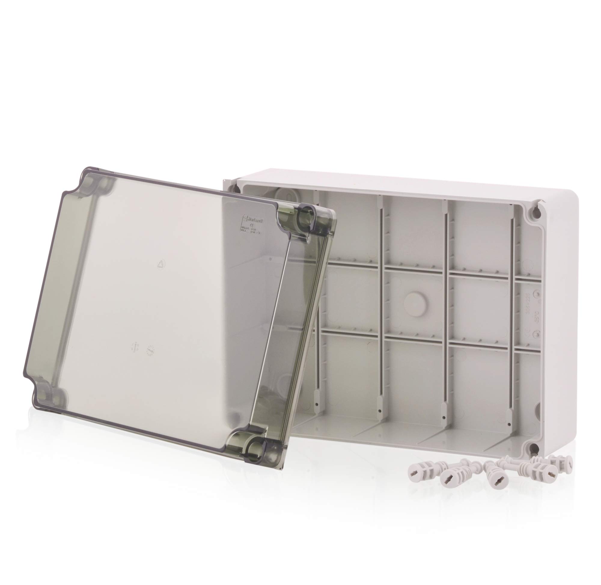 Carcasa de instalación montada en superficie, caja de conexiones Carcasa de plástico | 300x220x120mm | IP65 | Tapa transparente Caja de distribución Carcasa vacía Carcasa industrial, armario de conexiones