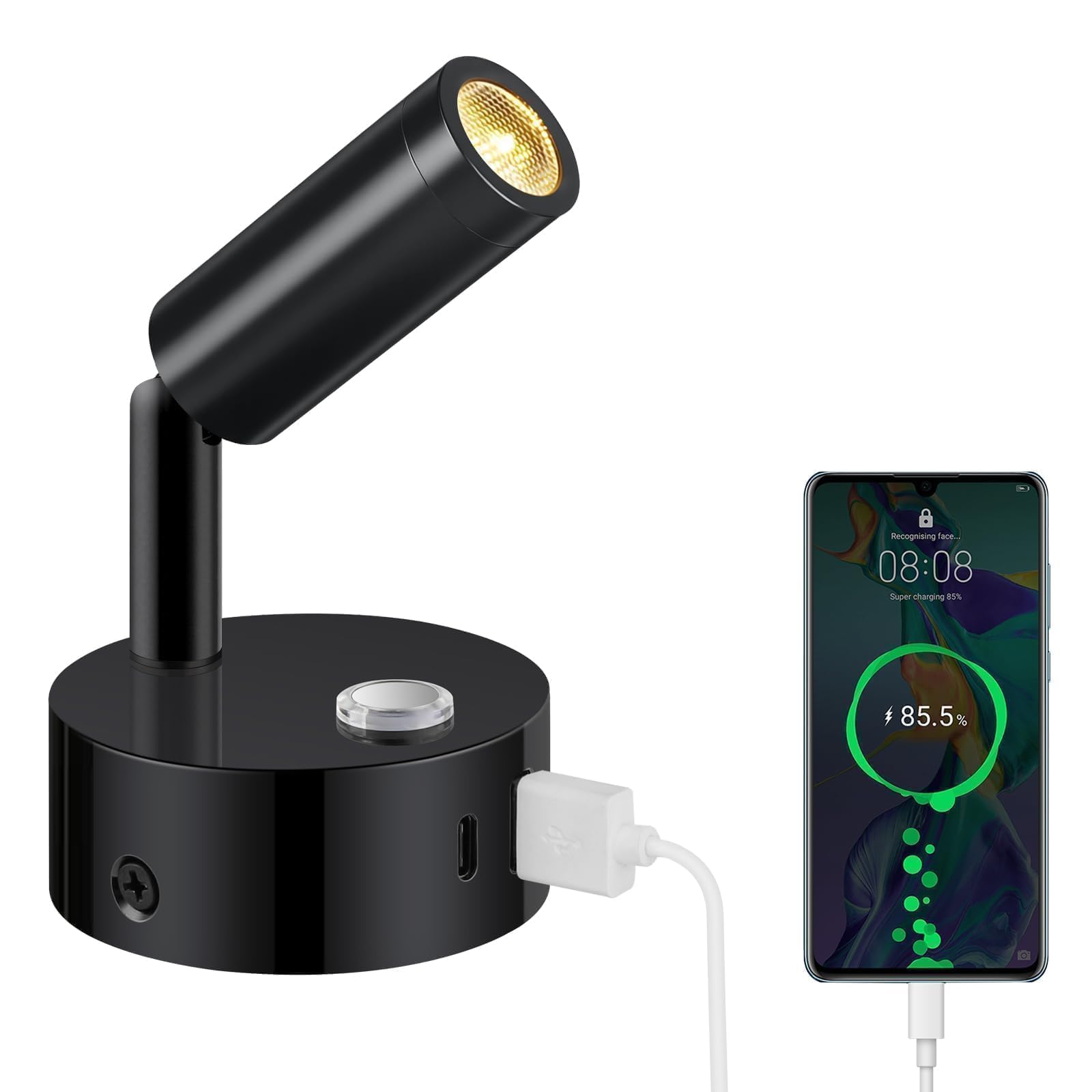 ERWEY Lampe de lecture 12V pour camping-car, applique murale LED avec interrupteur Touch Dimmable 3000K-6000K,DC 12V-24V Spot avec prises USB A+C pour bateau voiture camper van,Noir