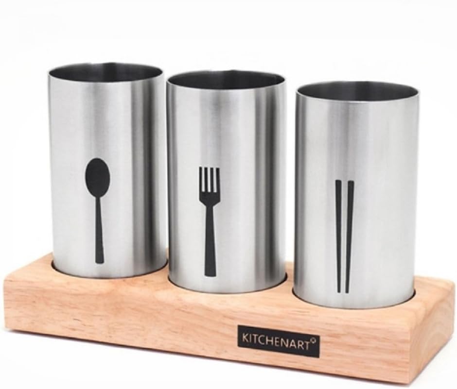 Stainless Steel Flatware Organizer Holder Caddy With Wood Base