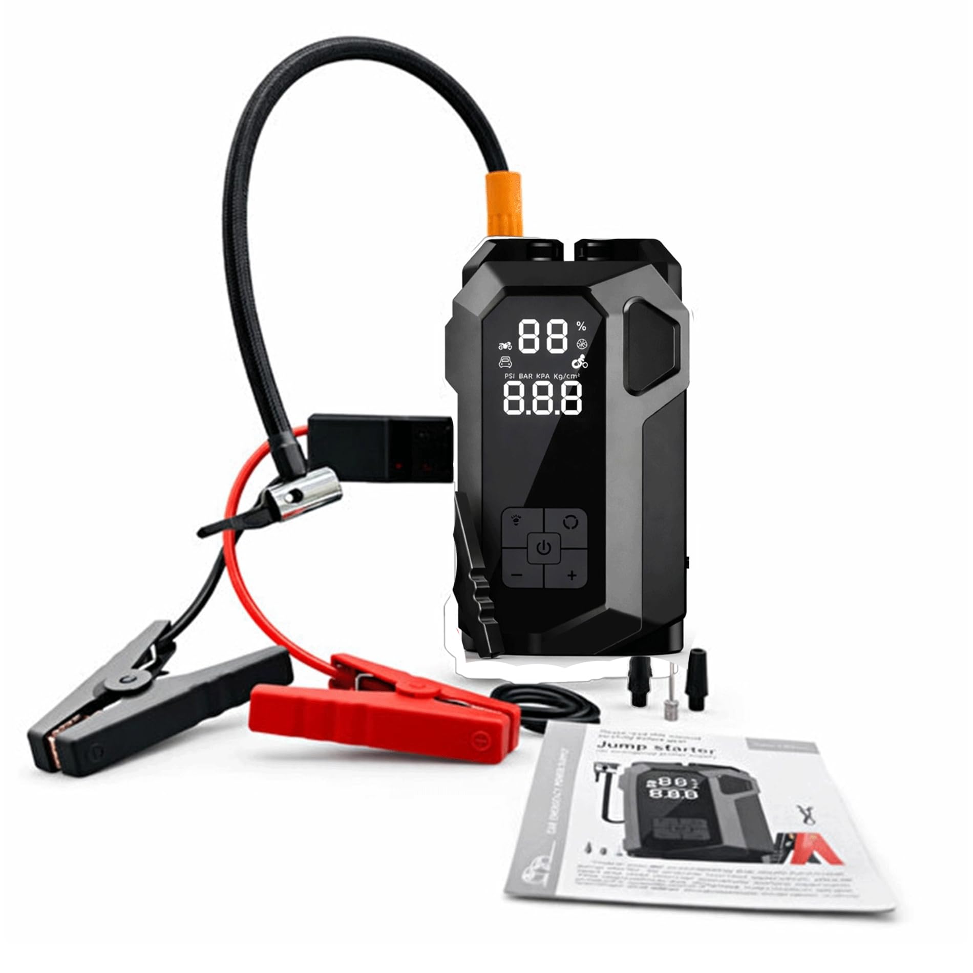 Avviatore Emergenza Auto 12V e Compressore Aria Portatile - Jump Starter 4 in 1, Power Bank, Torcia LED - Booster Batteria per Motori Benzina e Diesel - Compatibile con Auto, Moto, Bici - 800A