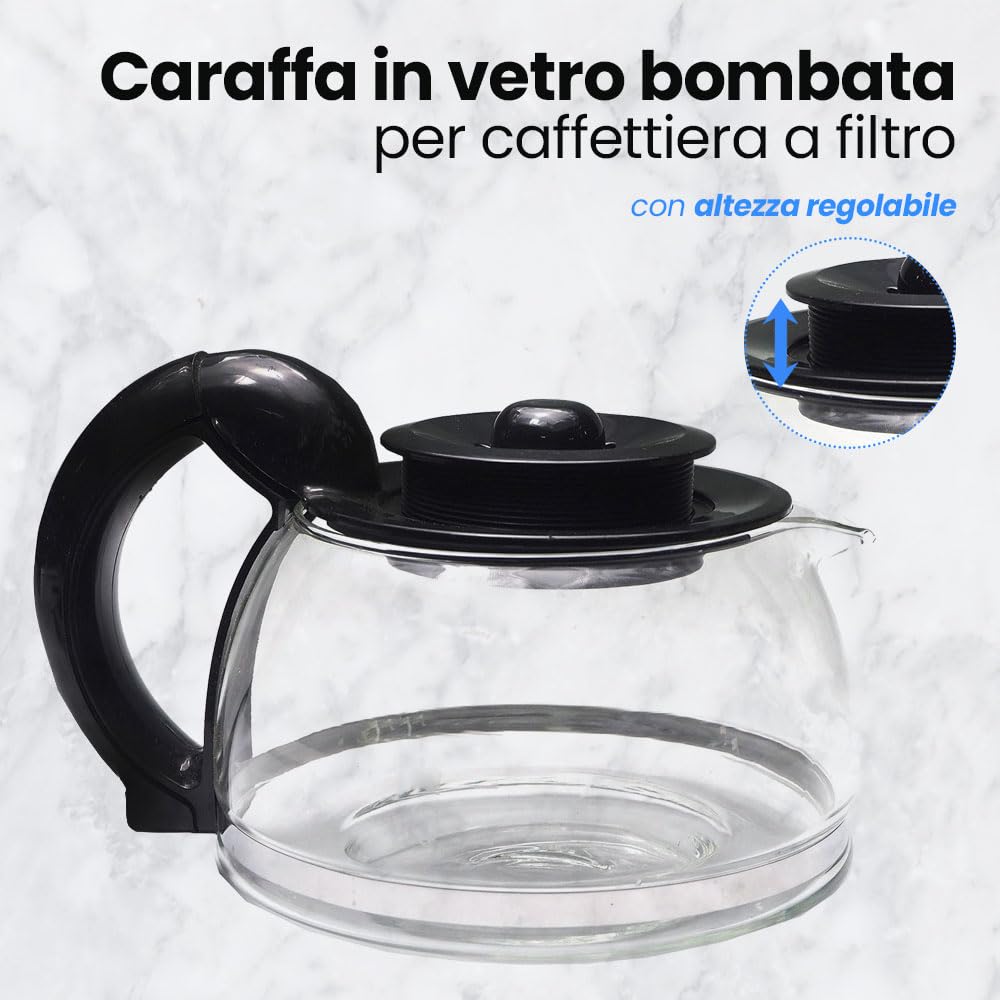 Anakel Home Caraffa caffettiera universale compatibile con caffettiera americana o a goccia elettrica | Caraffa bombata, vetro, coperchio antigoccia con altezza regolabile 11,5-13 cm, capacità 1,25 l