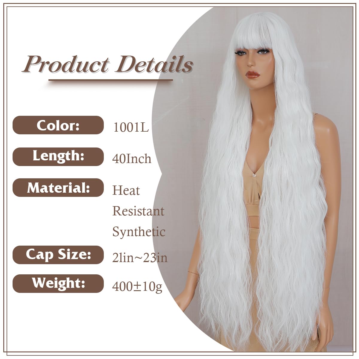 Long Wavy Wig with Bangs for Women,Wig Long Bangs Wig,Natural Looking Synthetic Heat Resistant Hair (1001L, 40inch)
