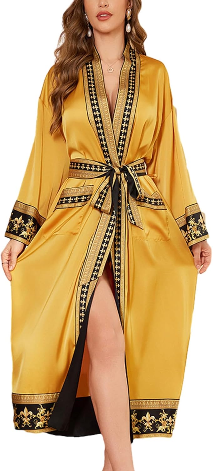 Silk Satin Robe for Women Long Kimono Robe Lightweight Floral Trim Bathrobe Luxury House Robes with Pockets