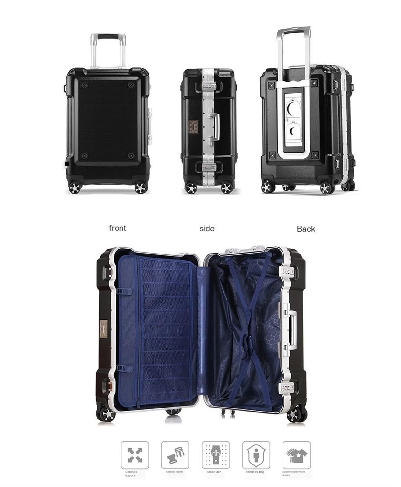 Koffer, Gepäck, Aluminiumrahmen, Trolley-Koffer, Trolley-Koffer, Reisekoffer, stilvoller, einfacher Gepäck-Boarding-Koffer mit Wasserbecherhalter, großer Koffer (Farbe: Silber, Größe