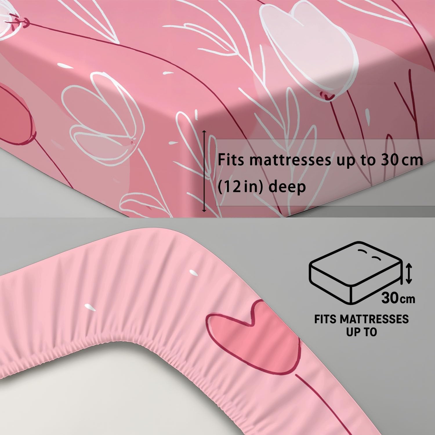 Rosa Sabanas 105 x 190 x 30 Cama 105 para Colchón de 30 cm de Altura Sabanas Ajustable Suave Transpirable Sabanas para Adultos y Ninos Minimalista Bonito Tulipanes Dibujado A Mano