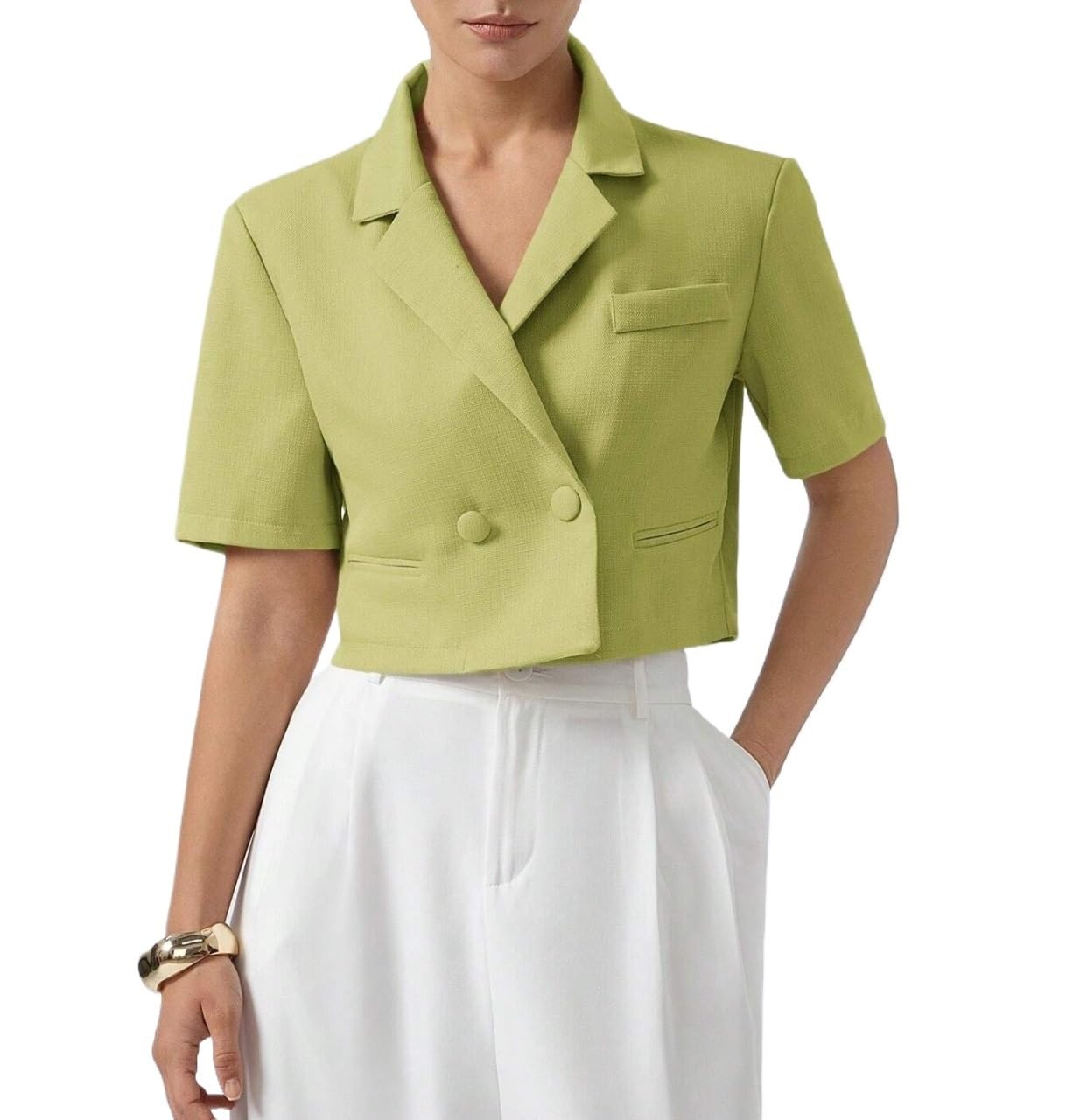 Womens Casual Jacket Blazer Elegant Fake Pockets Double Button Lapel Cut Out Crop Blazer Office Coat