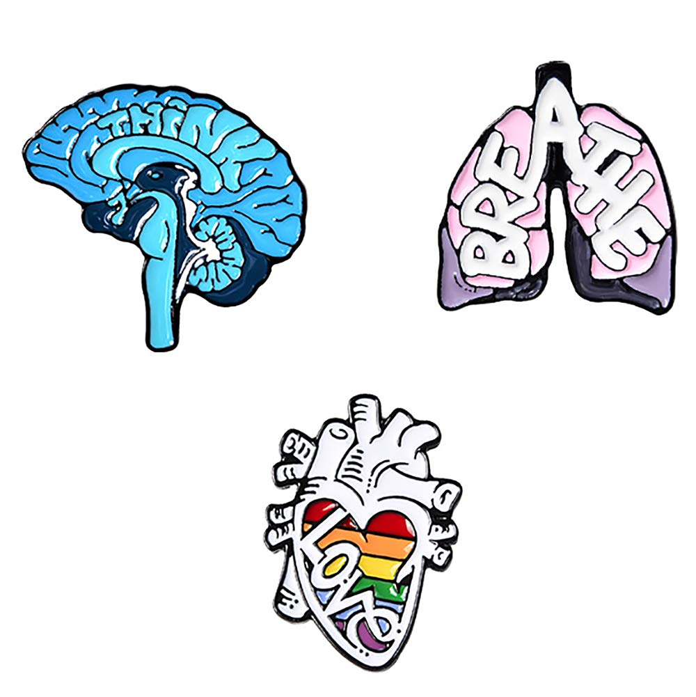HUI JINEnamel Pins Set 3 Pcs Badges Heart Brain Lung Pattern for Clothes Hat Backpacks Gift for Girls Women