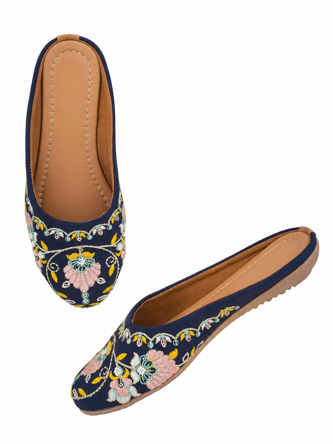 Women's Navy Blue Floral Embroidered Mojari Mules Flat Juttis-image-44