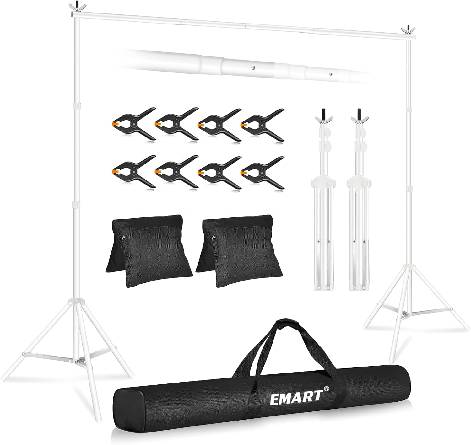 EMART Backdrop Stand 10x7ft(WxH) Photo Studio Adjustable Background Stand Support kit with 2 Crossbars, 8 Clamps, 2 Sandbags and Carry Bag for Parties, Events Decoration, Wedding, Photography -White 10x7ft White