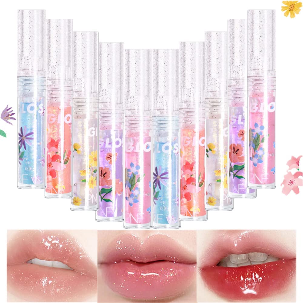 MAKINGTEC Hydrating Lip Gel, Crystal Hydrating Lip Glow Oil, Moisturizing Lip Oil, Gloss Transparent Jeelly Lip Care Oil Long Lasting Nourishing Non-sticky Lip Tint Lipstick (10 Pcs)