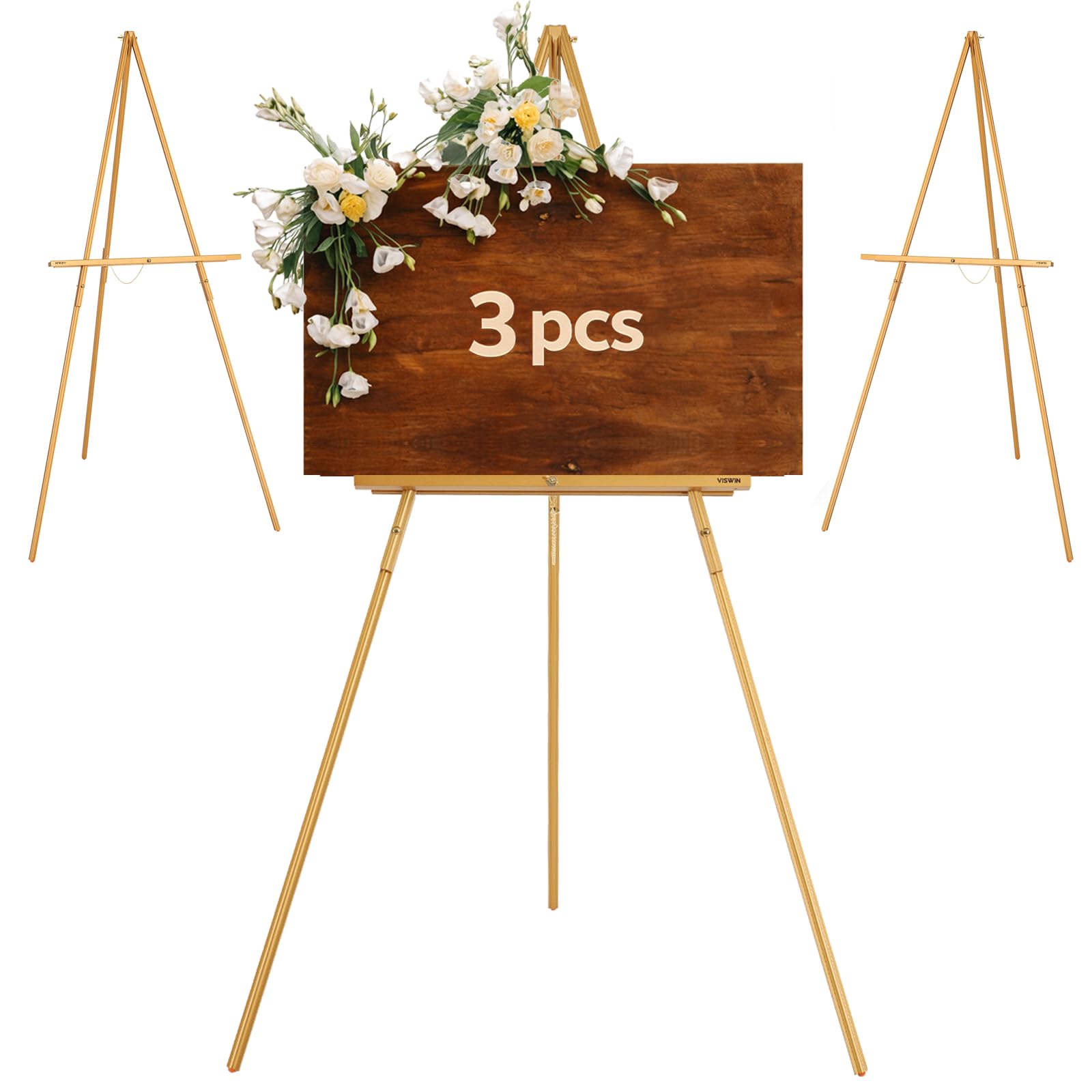 VISWIN 3Piezas Caballete Dorado para Boda, Caballete de Madera Ajustable para Cartel, Póster, Cuadro y Foto, Caballete Pintura Ajustable