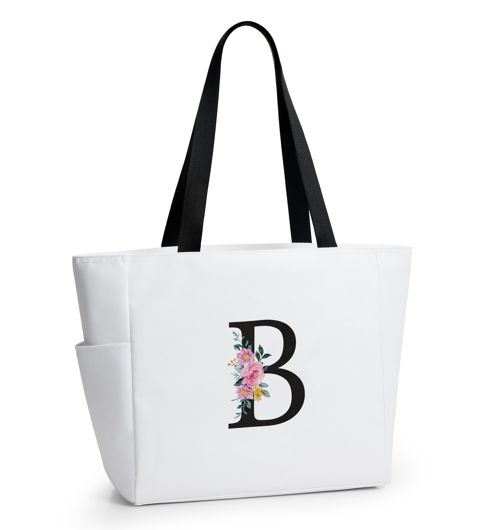 KALIDI Personalized Beach Tote Bag, Initial Alphabet Gift Zipper Grocery Bag for Mom Teacher Friend Wedding Daily Shopping