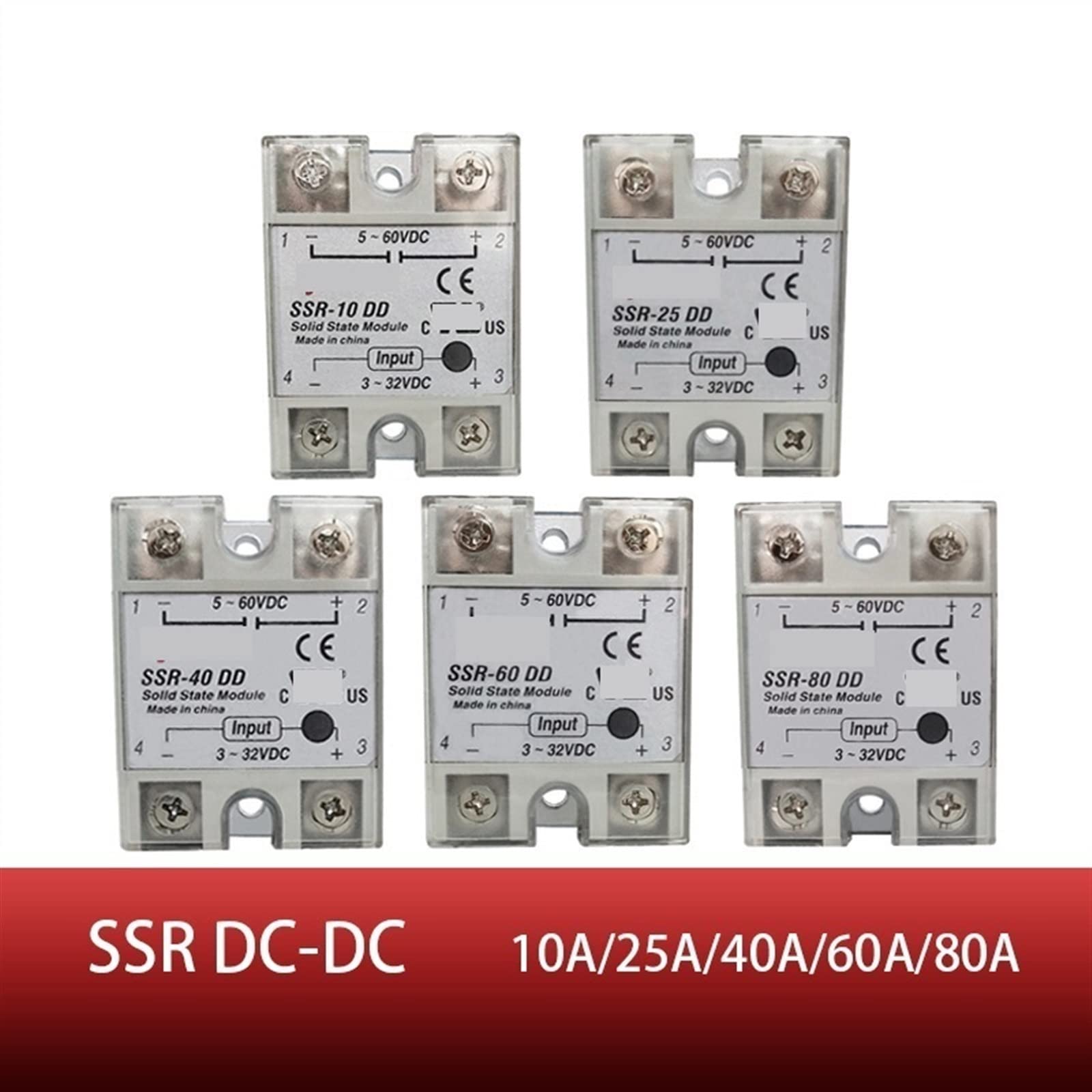 SSR -80DD DC Controllo DC SSR White Shell Monofase Relè a stato solido 80A Ingresso 3-32V DC Uscita 5~60V DC 1Pcs(SSR-80DD)
