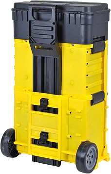 SwitZer 3-in-1 Rolling Stackable Toolbox with Wheels, Telescopic Pull Handle, Top Lift-Up Compartment, Three Drawers & Bottom Tilting Bin, Black & Yellow, Garage Workshop Home DIY
