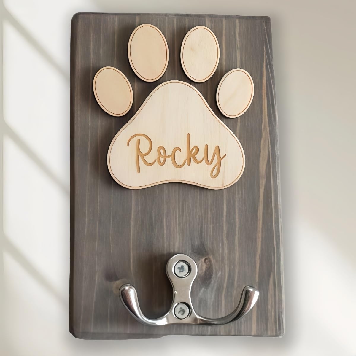 Shengbeidz Slate Gray ﻿Personalized Dog Lead Holder, Custom Engraved Name Paw Print Wood Hook, Pet Collar And Leash Storage, Functional Home Decor Signs And Plaque For Wall Keys Claw Gift(Slate Gray)