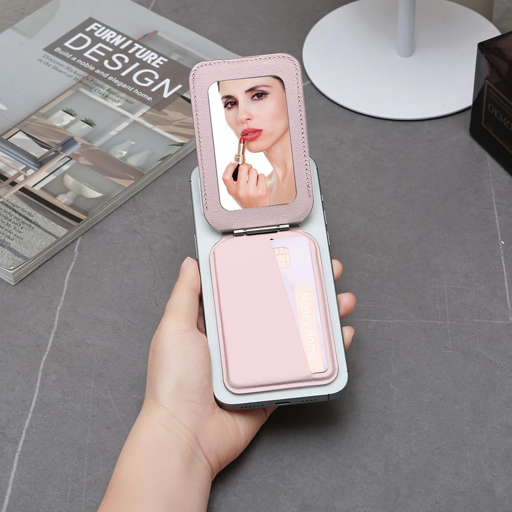 LUVI Magnetic Wallet Stand with Mirror Compatible with Magsafe Adjustable Kickstand PU Leather Card Holder Back of Phone for iPhone 16/15/14/13/12 Series -Pink - Image 6