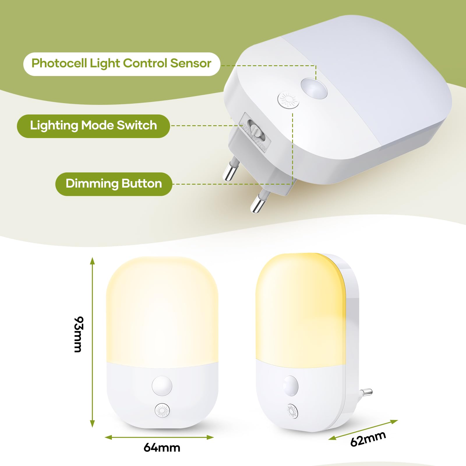 [1 Pezzo] Luce Notturna con Sensore Crepuscolare, 5 Livelli di Luminosità, ON/OFF/AUTO Modalità di Illuminazione, 3000K Bianco Caldo Luce Notturna Bambini per Corridoi, Scale, Camera da Letto, 0,3W