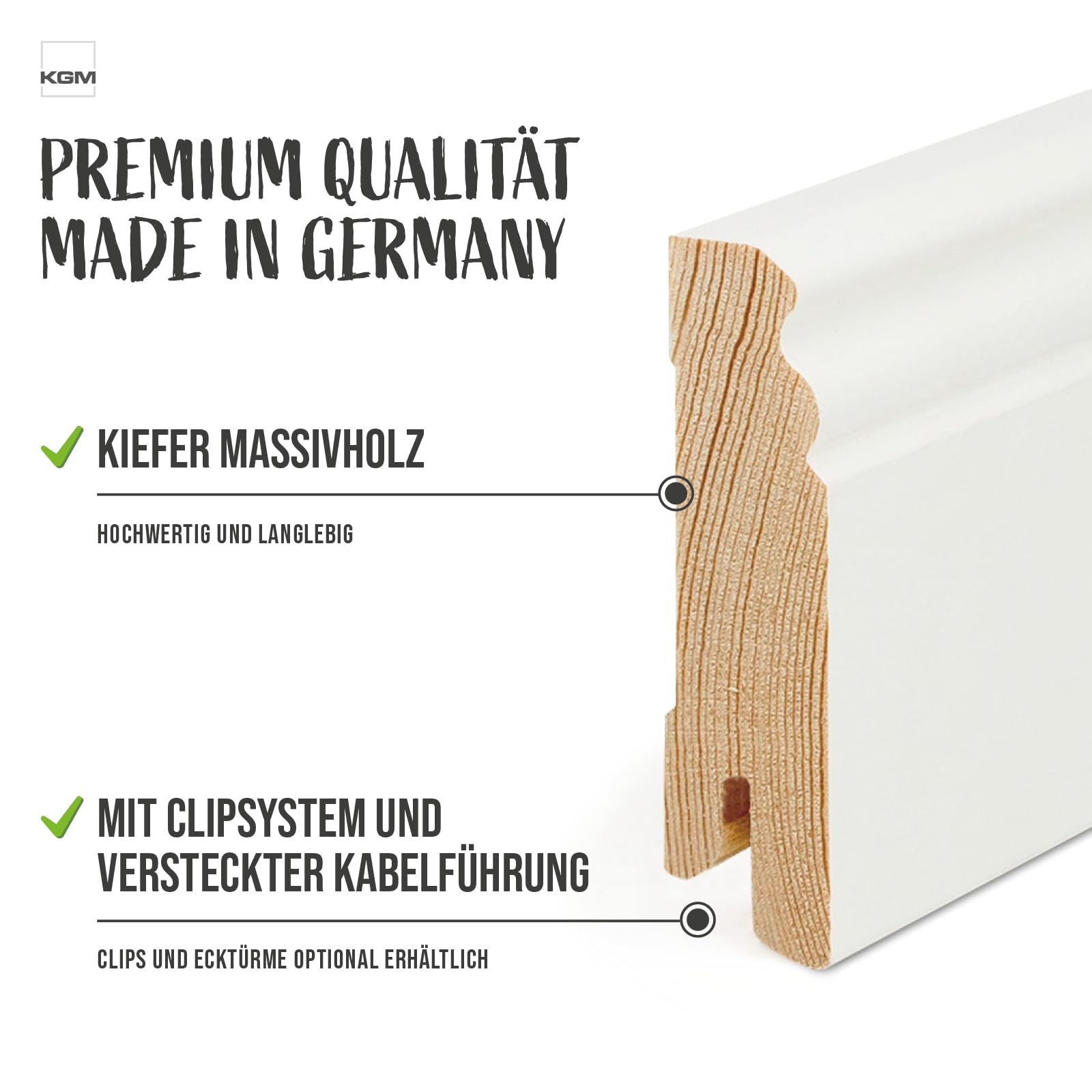 KGM Hamburger Massivholz Sockelleiste - Weiß - 2400 x 18 x 78 mm - 10 Stk.