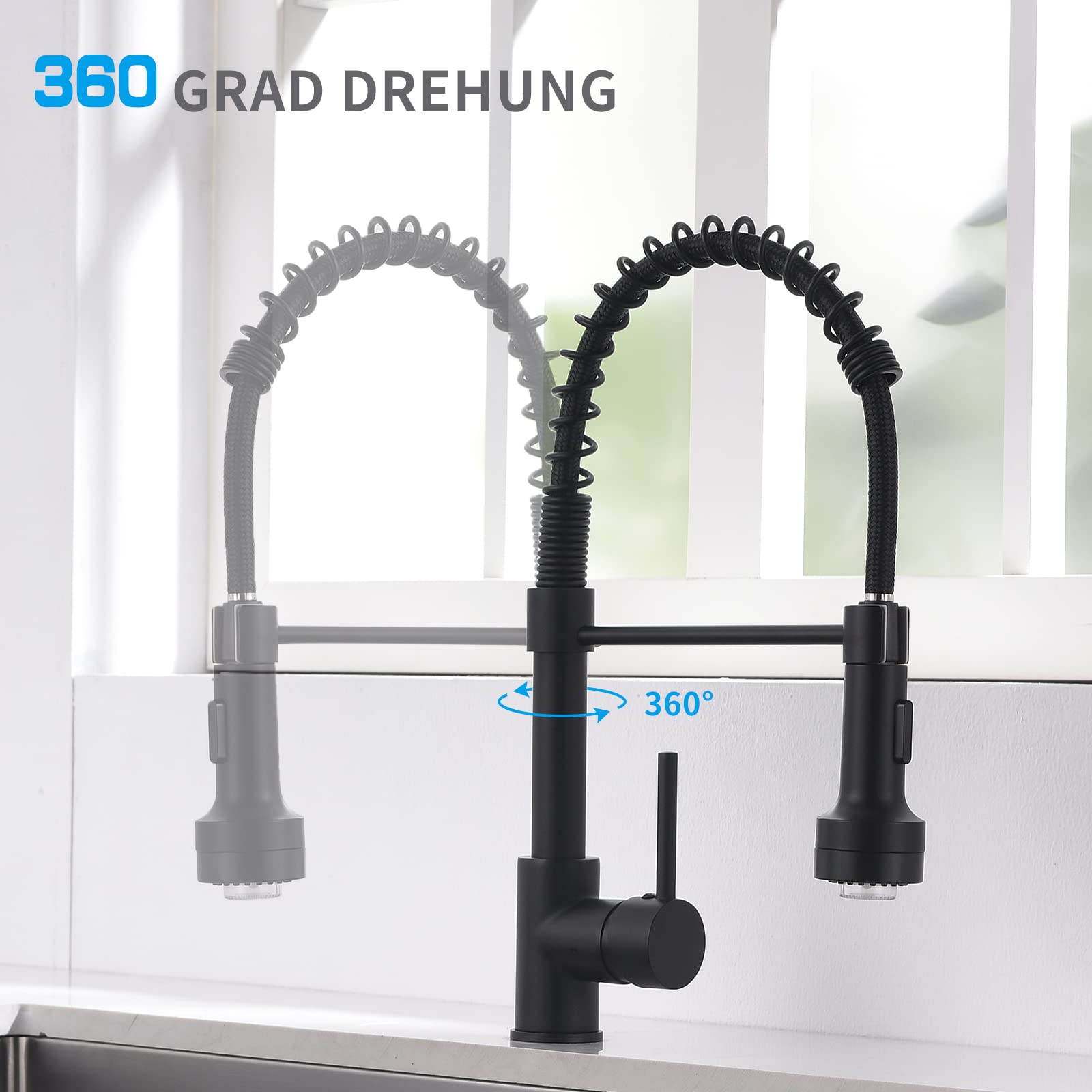 AIMADI Küchenarmatur Ausziehbar LED Wasserhahn Küche, 2 Wege Spüle (Strahl & Spray), 360° Drehbar, Einhebelmischer für Spülbecken, Schwarz Matt
